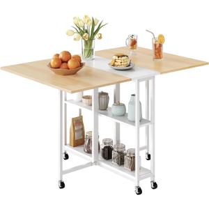 Folding Dining Table, Movable Dining Table, Kitchen Table for Small Space, Foldable and Expandable Desk Furniture with 6 Wheels, for Dining, Living Room, Apartment, White and Natural TCZ01WN, 47.4"L x 31.5"W x 30.1"H
