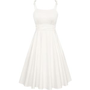 Belle Poque 2025 Summer Dresses for Women Spaghetti Strap Midi Sun Dress Cute Casual Dress with Pockets XL White