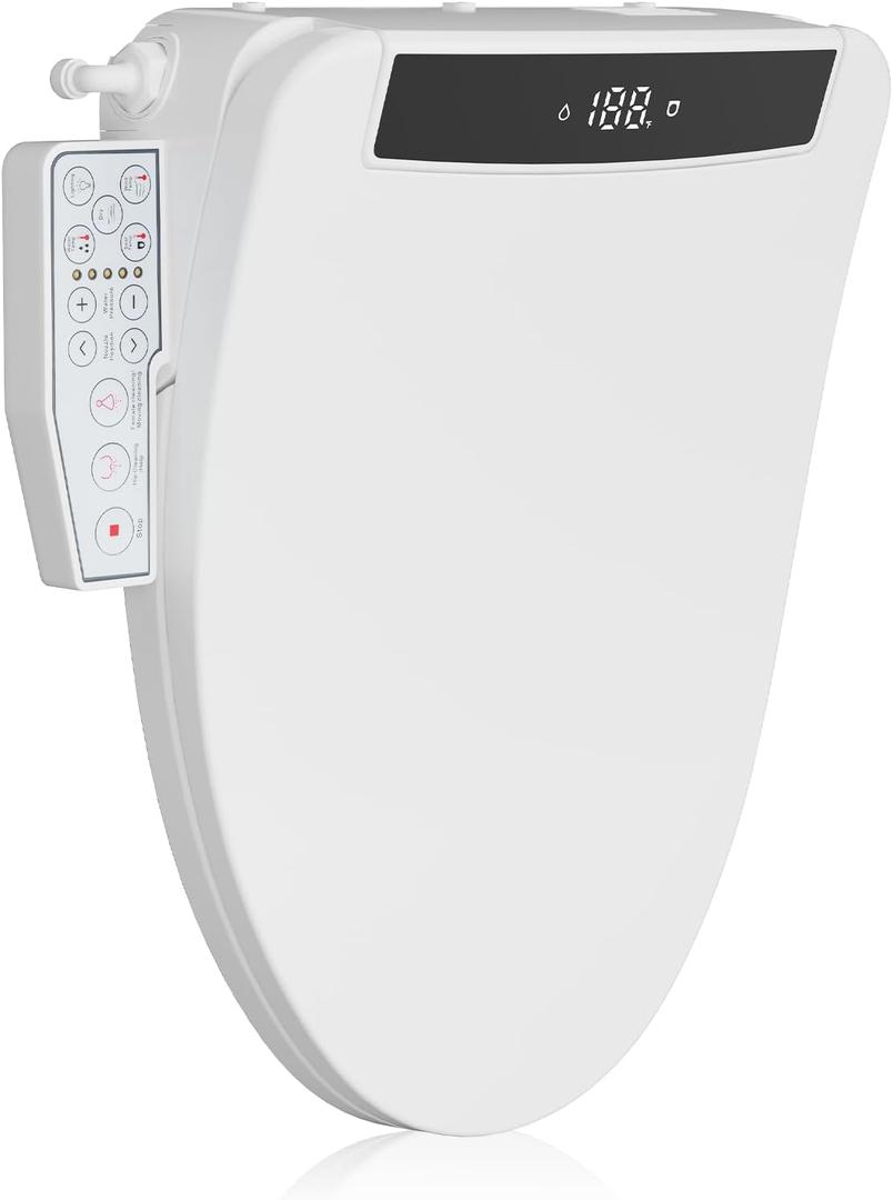 Electric Smart Toilet Seat, Upgraded Heated Bidet with Adjustable Instant Warm Water and Warm Dryer, Night Light, Slow Close Lid (Elongated (Side Arm Control))