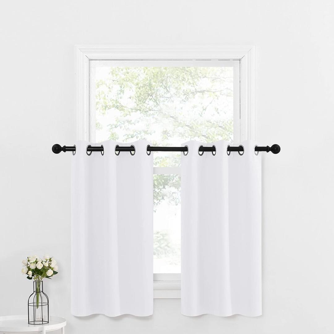 NICETOWN Pure White Valances for Basement - Home Fashion Grommet Top Design Kitchen Curtain Tiers for Half Small Window/Camper RV/Thanksgiving (2-Pack, W29 x L36 1.2 inches Header Each Panel)