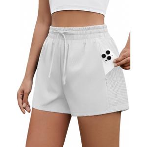 PINSPARK High Rise Athletic Shorts for Women Quick Dry Gym Running Shorts Breathable Outdoor Workout Shorts with Mesh Liner White M (White, L)