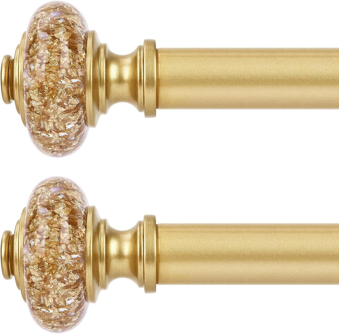 2 Pack Gold Curtain Rods for Windows 30-41 Inch, Decorative Vintage Crystal 1'' Diameter Curtain Rod with Gold Foil Finials, Adjustable Heavy Duty Easy Install Drapery Pole Set for Farmhouse