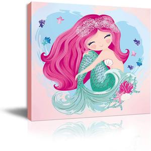 The Little Mermaid Pink Home Decor Canvas Framed Wall Art for Bedroom Bathroom Pictures Watercolor Nursery Wall Decor for Girls Bedroom Artwork for Walls Kitchen Modern Home Wall Decoration Size 14x14