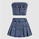 WDIRARA Girl's Y2K 2 Piece Outfits Bandeau Tube Tops Jeans Denim Sets A Line Pleated Mini Skirt Set