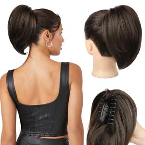 Ponytail Extension, 10" Short Claw Clip in Ponytail Hair Extensions Messy Bun Hair Piece Natural Soft Synthetic Straight Pony Tail Hair Pieces for Women - Chocolate Brown