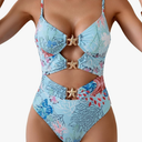 Eomenie One Piece Swimsuit for Women Cutout Monokini Sexy Bathing Suit Metal Swim Suit Light Blue Seaweed Print XL