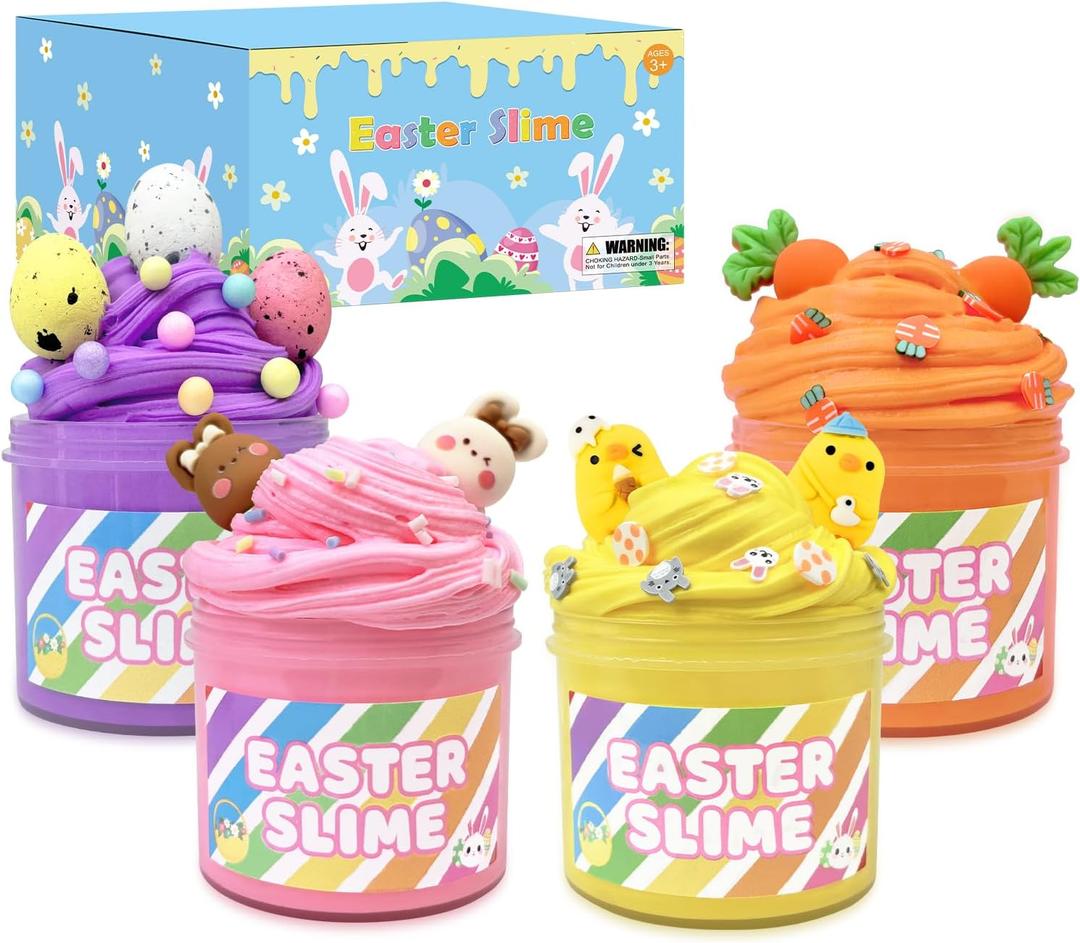 Easter Basket Stuffers for Kids 4-8 Pack,Easter Slime W/Charms Party Favors Supplies Toys for Girls Boys,Small Goodie Bag Fillers for 8-12,Non Candy Treats Items Prizes for Classroom Student