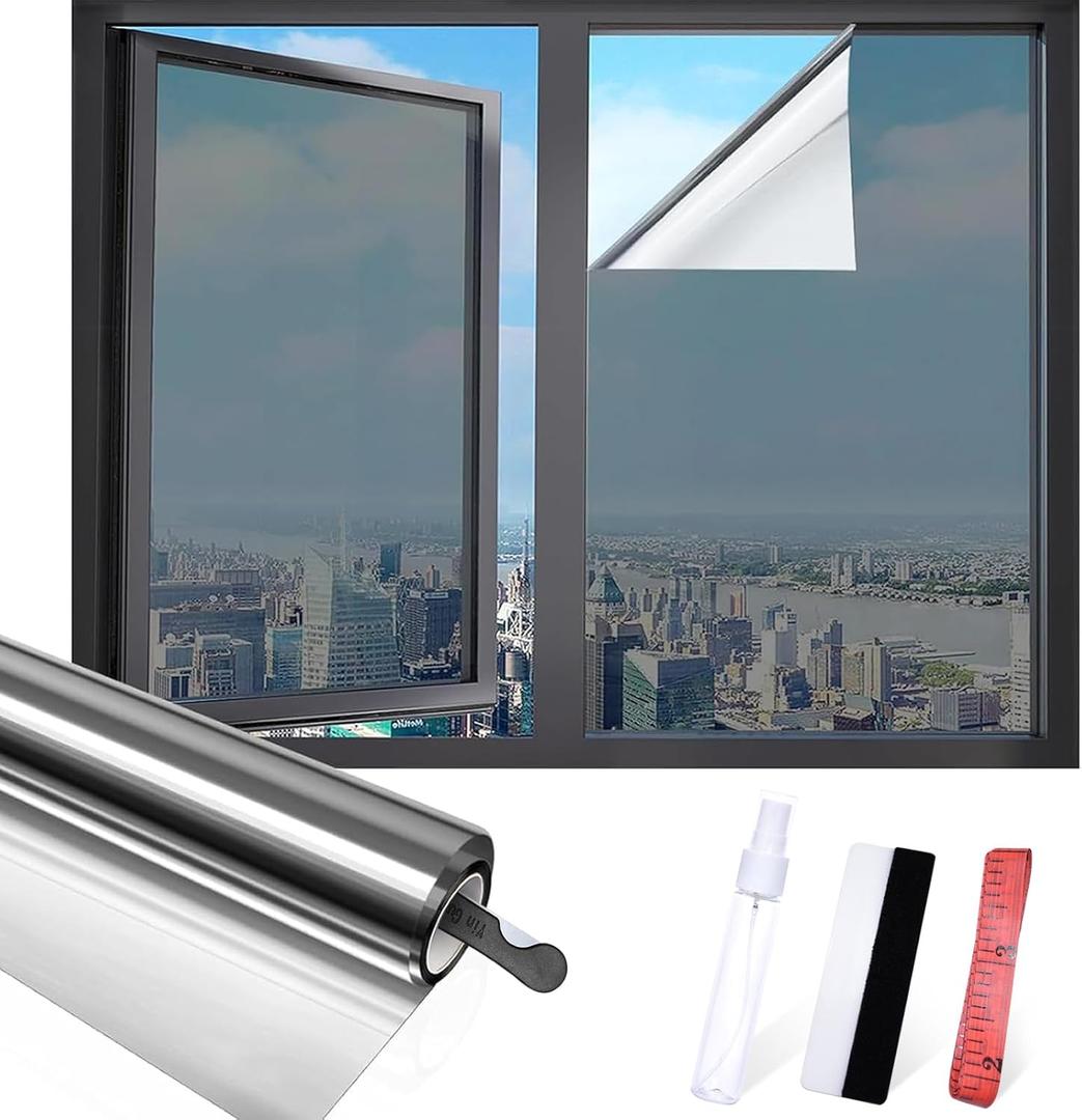 Window Film, Window Privacy Film with Free Installation Tools, One Way Daytime Privacy Window Film Static Cling Reflective Heat Control Window Tint for Home Office (Black Silver,17.5 Inch X 13.1 Feet)