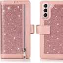 EYZUTAK Wallet Case for Samsung Galaxy S21 FE, Magnetic Handbag Zipper Pocket PU Leather Flip with 9 Card Slots and Wrist Strap Folio TPU Inner Stand Case - Rose Gold