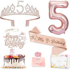 5th Birthday Decorations Girl, Including 5 year old Birthday Cake Topper, Queen Sash with Pearl Pin, Sweet Rhinestone Tiara Crown, Number Candles and Balloons Set, Rose Gold