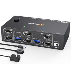 4K@144Hz KVM Switch 2 Monitors 2 Computers 8K@60Hz, MLEEDA HDMI and Displayport Dual Monitor KVM Switch with 4 USB 3.0 Port for Keyboard Mouse Printer, with Wired Remote, Power Adapter and USB Cables