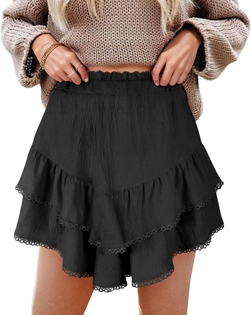 GOOBGS Flowy Shorts for Women High Waisted Lace Skort Trim Trendy Crochet Skirt Tennis Crochet Short (Medium, Black)