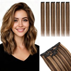 Rich Choices Short Clip In Hair Extension Real Human Hair-Single Clip Hairs Extension for Women 6PCS-Mini Clip in Hairpieces for Thin Hairs-12 Inches #2RP6 Chocolate Brown Highlight Light Brown