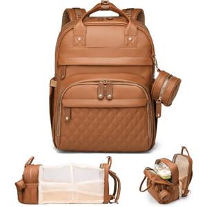 Leather Diaper Bags with Changing StationBaby BagLarge Capacity Diaper Bag Backpack for Moms Dads,Waterproof Diaper BackpackBrown