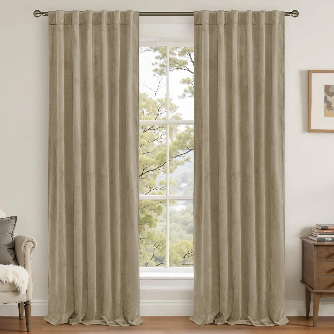 LAMIT Dark Taupe Velvet Curtains 84 Inch for Living Room, Thick Blackout Thermal Insulated Panels Room Darkening Country Decor Back Tab and Rod Pocket Drapes for Bedroom, 2 Panels, 52 x 84 Inch
