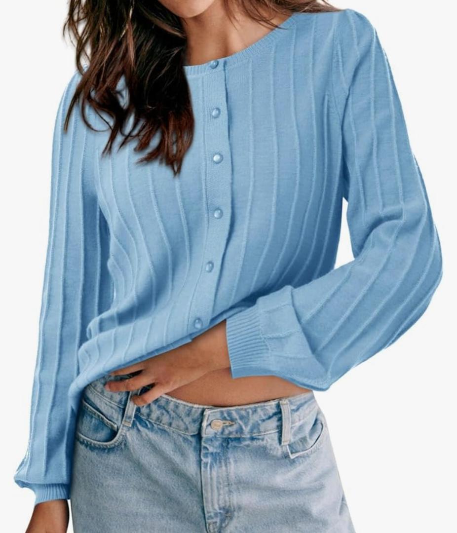 Cicy Bell Womens Button Down Knit Cardigan Fall Long Sleeve Lightweight Open Front Casual Crew Neck Sweater Tops, No size