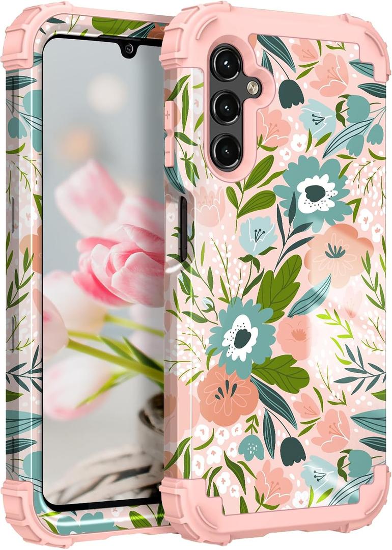 Hocase for Galaxy A15 5G Case, Heavy Duty Shockproof Protection Soft Silicone Rubber Bumper+Hard Plastic Hybrid Protective Case for Samsung Galaxy A15 5G (6.5") 2024 - Pink Flowers