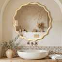 Circle Wood Mirrors for Wall, Wavy Round Bathroom Scalloped Mirror Wooden Frame 28 Inch for Living Room Farmhouse Bedroom Hallway Entryway Living Room with Shatterproof Glass Wall Mounted