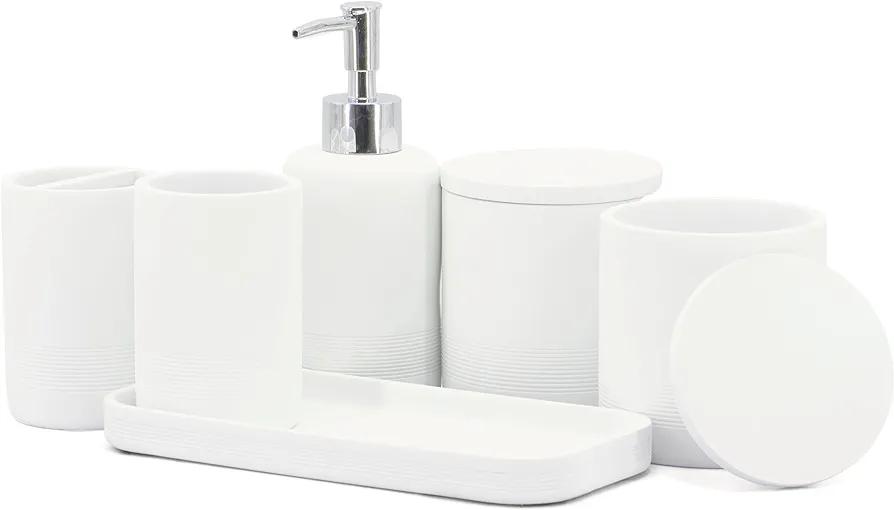 ZCCZ - White Bathroom Accessories Set 6 Pcs - Toothbrush Holder, Lotion Soap Dispenser, 2 Qtip Holder Dispenser, Vanity Tray, Bathroom Tumbler - Decorative Countertop Vanity Organizer