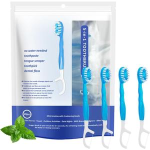 5 in 1 Mini Brushes-Disposable Toothbrushes with Toothpaste + Floss + Pick + Tongue Scraper | Travel Size | Individually Wrapped | Soft | Mint | Travel Set (Mint, 26 pcs)