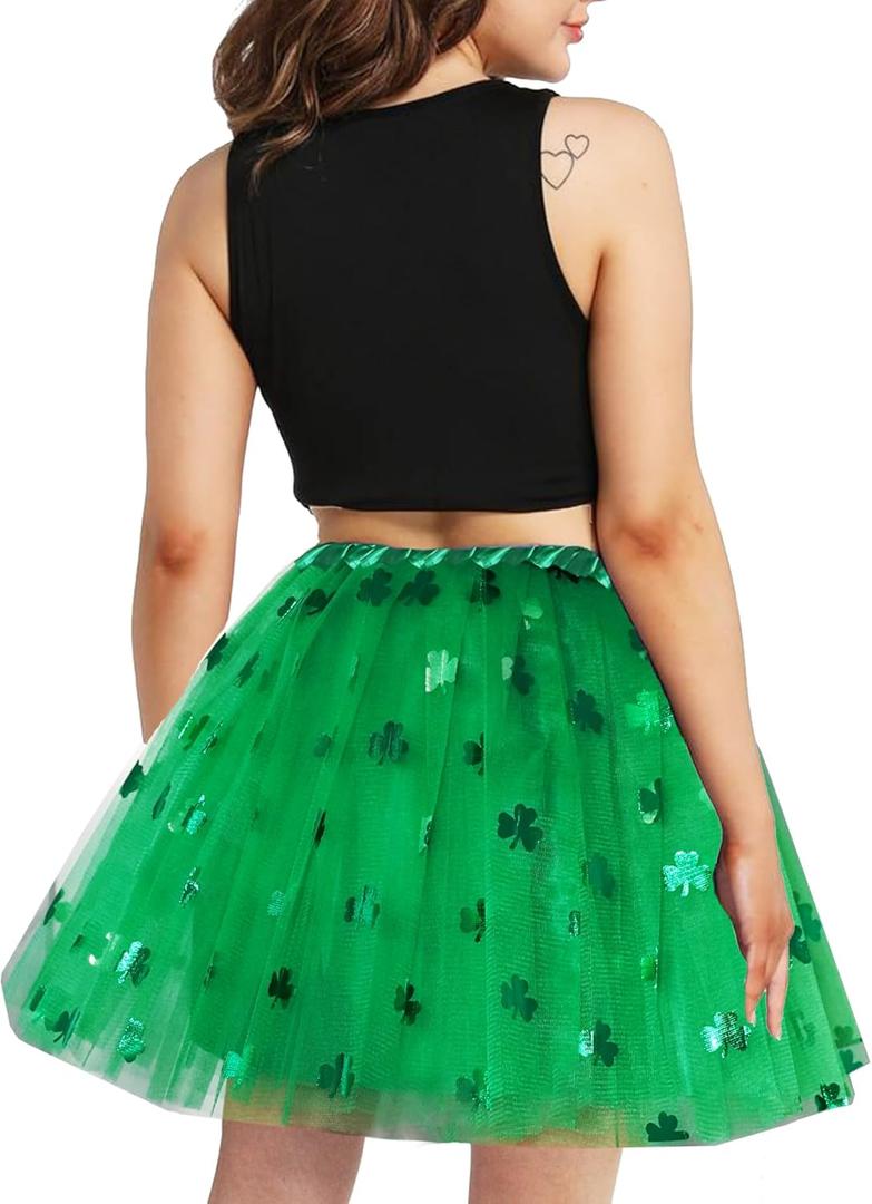 4 x Women Teens Tutu Adult 4 Layered Tulle Skirt with Satin Lined Dance Non See-Through Tutu Halloween Costumes (Large, Clover Green)