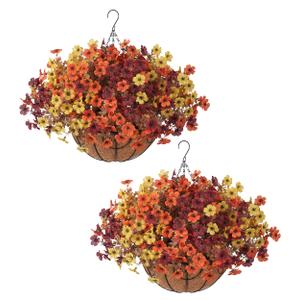 HyeFlora 2 Set Artificial Outdoor Faux Fall Mums Hanging Flowers Plants Basket Outside, 14 Bundles Fake Silk Daisy Fern in Planter UV Resistant for Autumn Porch Balcony Patio Yard Decor, 3 Colors Mix