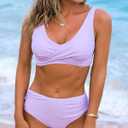 Fanuerg Women's Twist Front High Waisted Bikini Swimsuit Drawstring Tie Side Bottom Two Piece Bathing Suit (S)