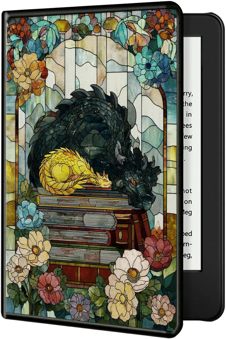 Case for 6.8" Kindle Paperwhite (11th Generation 2021 Release) and Kindle Paperwhite 2021 Slim Fit Standing Cover with Auto Sleep/Wake, Stained Glass Book Dragon Cover for Girl Women Boy Men