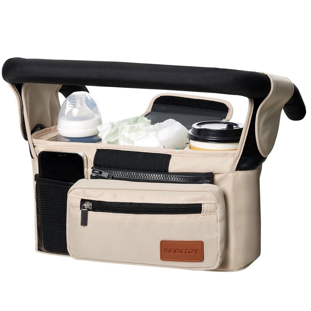 Momcozy Universal Baby Stroller Organizer, 2 Insulated Cup Holder, Detachable Zippered Pocket, Adjustable Shoulder Strap, Large Capacity for Baby Essentials, Compact Design Fits Any Strollers (Off White)