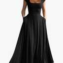 YMDUCH Women's Casual Short Sleeve Square Neck Solid Slim Flowy Maxi Dress with Pockets, M