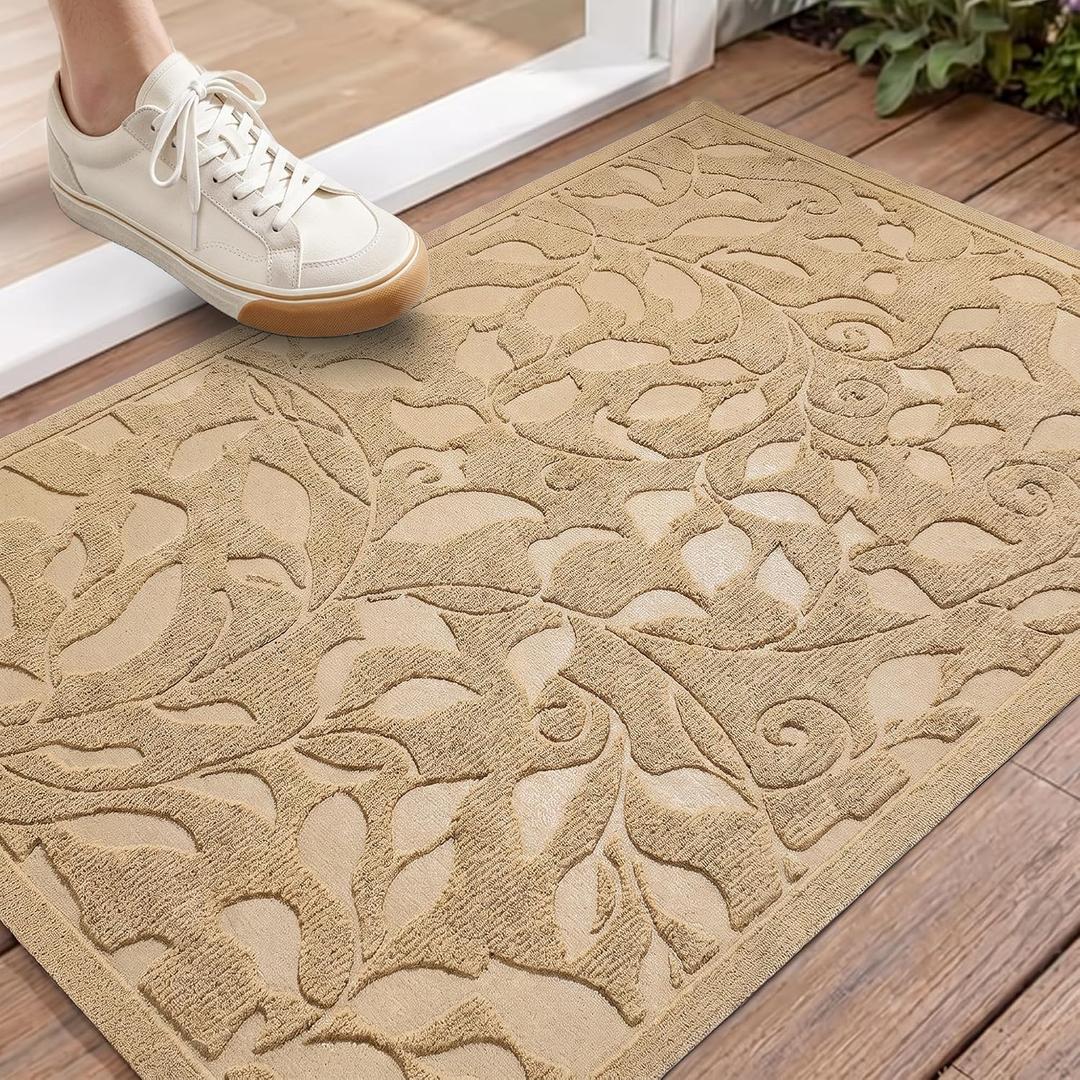 Beige Leaves Ivy Scroll Outdoor Indoor Entrance Door mat, Durable Absorbent Mud Scraper Mat for Front Door, Thick Natural Rubber Back, Easy Clean Entryway Welcome Mat 23x35 Inch, Low Profile, 1'11" x 2'11"