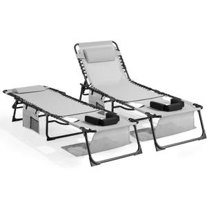 Unovivy Tanning Chairs with Face Hole Set of 2, Teslin Folding Outdoor Lounge Chair with 5-Position Reclining Back for Sunbathing, Pool, Patio, Camping (Grey)