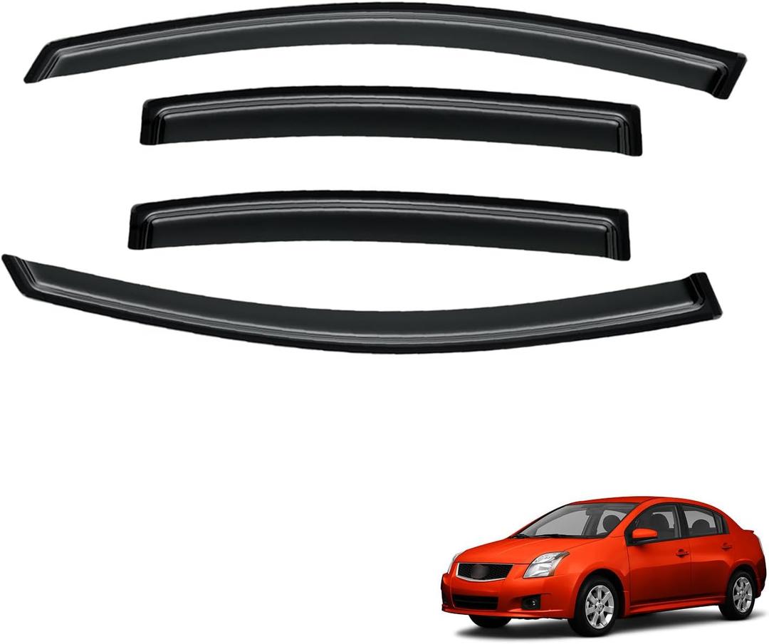 Window Visor for Nissan Sentra 2007-2012, Out-Channel Rain Guards Shields Vent Deflector Shade Wind Dark Smoke 2008 2009 2010 2011, Tape-On Outside-Mount, 4PCS