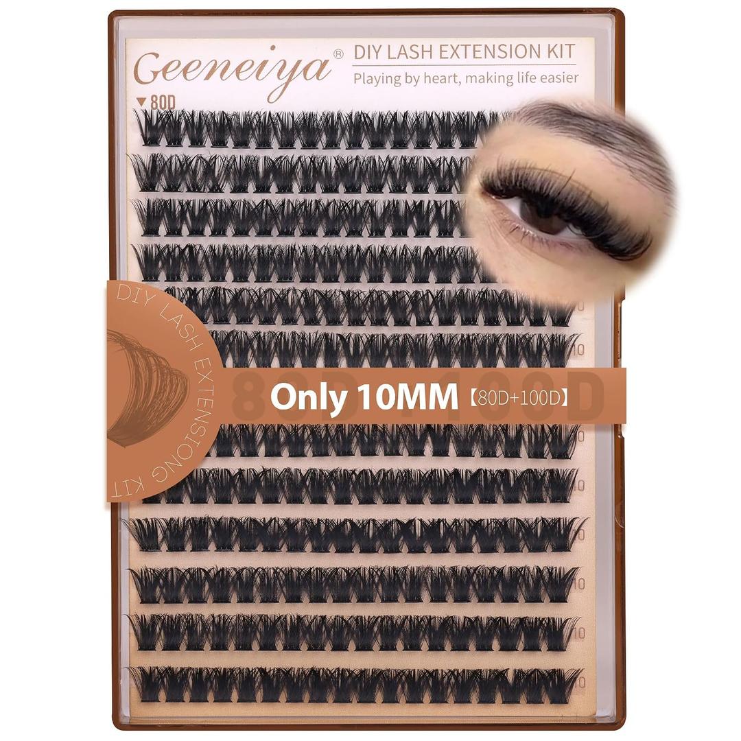 Geeneiya 10MM Volume Lash Clusters D Curl Cluster Eyelash Extensions Thick Cluster Lashes Only 10MM 80D+100D DIY Lash Extension Waterproof