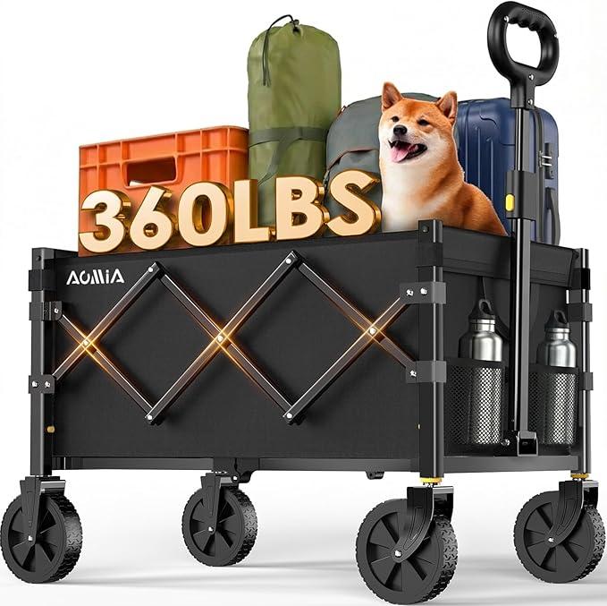 Collapsible Foldable Wagon with Wheels Heavy Duty Folding Wagons Carts 360LBS Weight Capacity Portable All Terrain Utility Wagon Cart for Groceries Sports Garden Shopping Beach