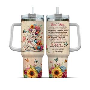 Tumbler 40 Oz With Handle Lid And Straw, Bonus Mom Gifts, Bonus Mom Girl Mental Flowers, Simple Coffee Eleven Floral Modern Straws Royal Mother Be Best Purple To Butterfly