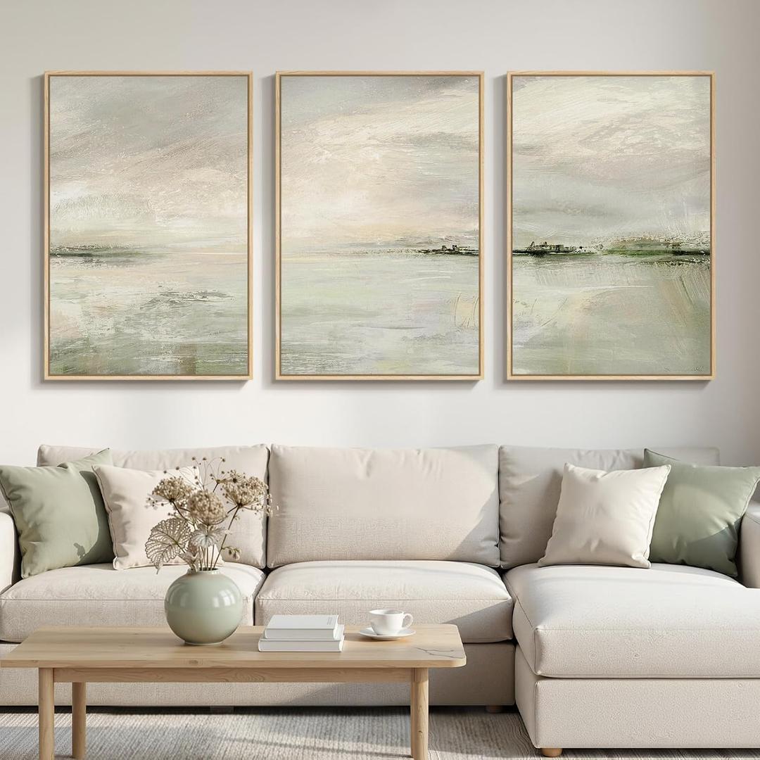 Large Framed Sage Green Abstract Landscape Wall Art for Living Room, 3 Piece Modern Canvas Prints Paintings Artwork for Walls, Oversized Pictures for Hallway Dining Bedroom Office Wall Decor 24x36 In