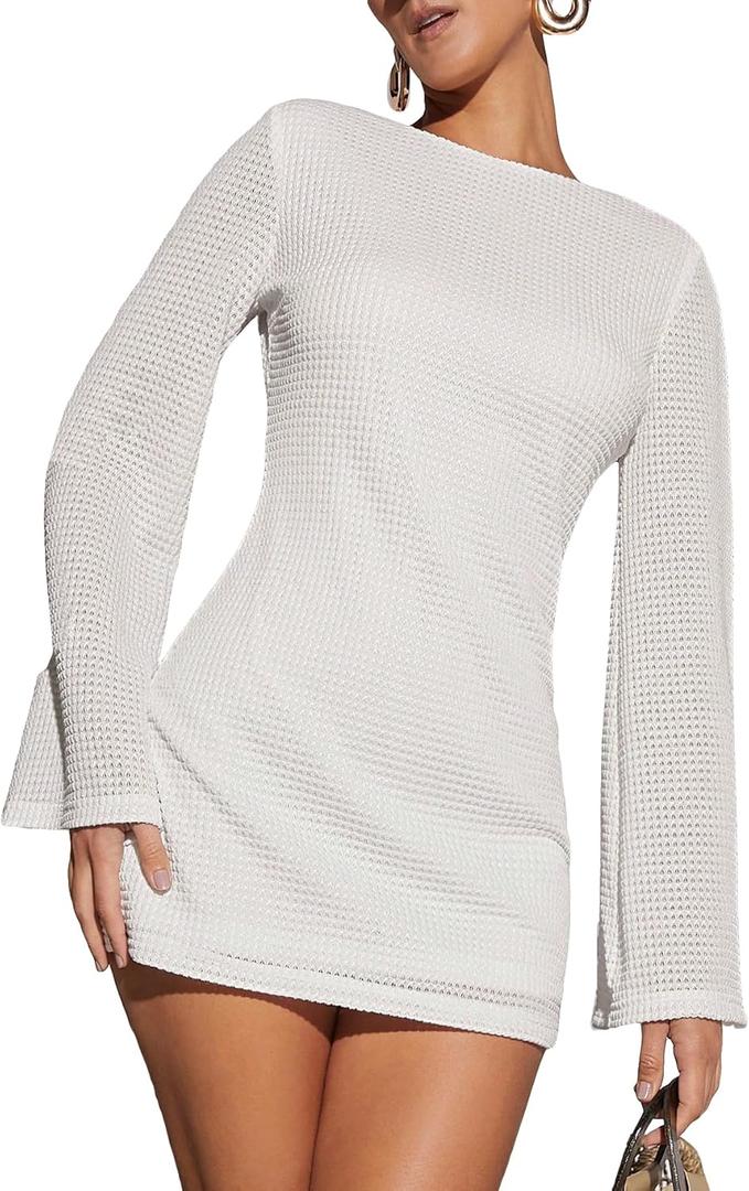 GORGLITTER Women's Backless Crochet Bodycon Mini Dress Open Back Bell Long Sleeve Short Dresses (Medium, White)