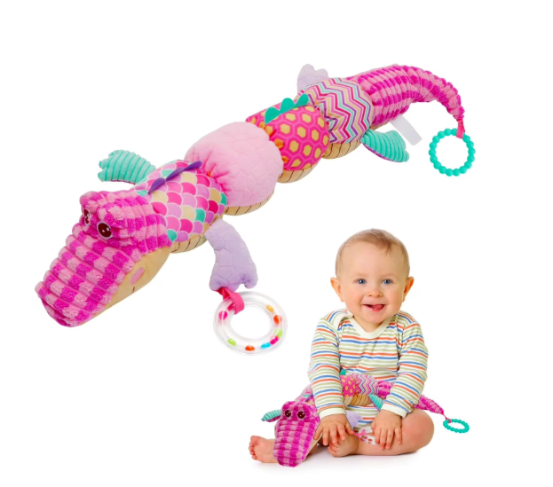 Baby Sensory Toy 06 Month Musical Pink Crocodile Plush Toy for Infant 036 Months Rattles with rustling Sounds and Tummy time Sensory Toys Baby Shower Birthday Gifts