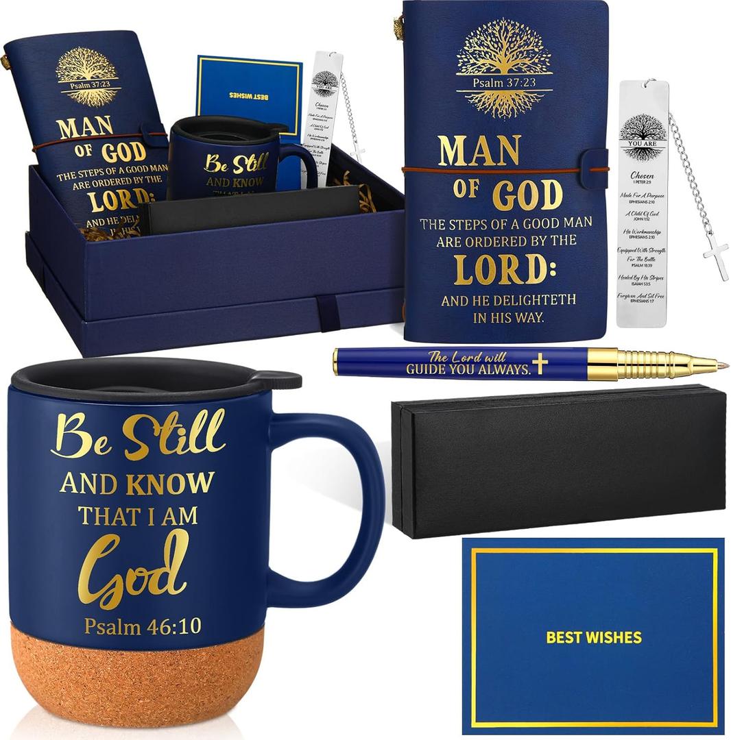 Shellwei 6 Pcs Christian Gift for Husband 3.5 oz Mug Leather Bible Notebook Religious Pen Metal Bookmark with Box and Greeting Card Fathers Day Religious Gifts for Husband Grandpa Pastor(Blue)