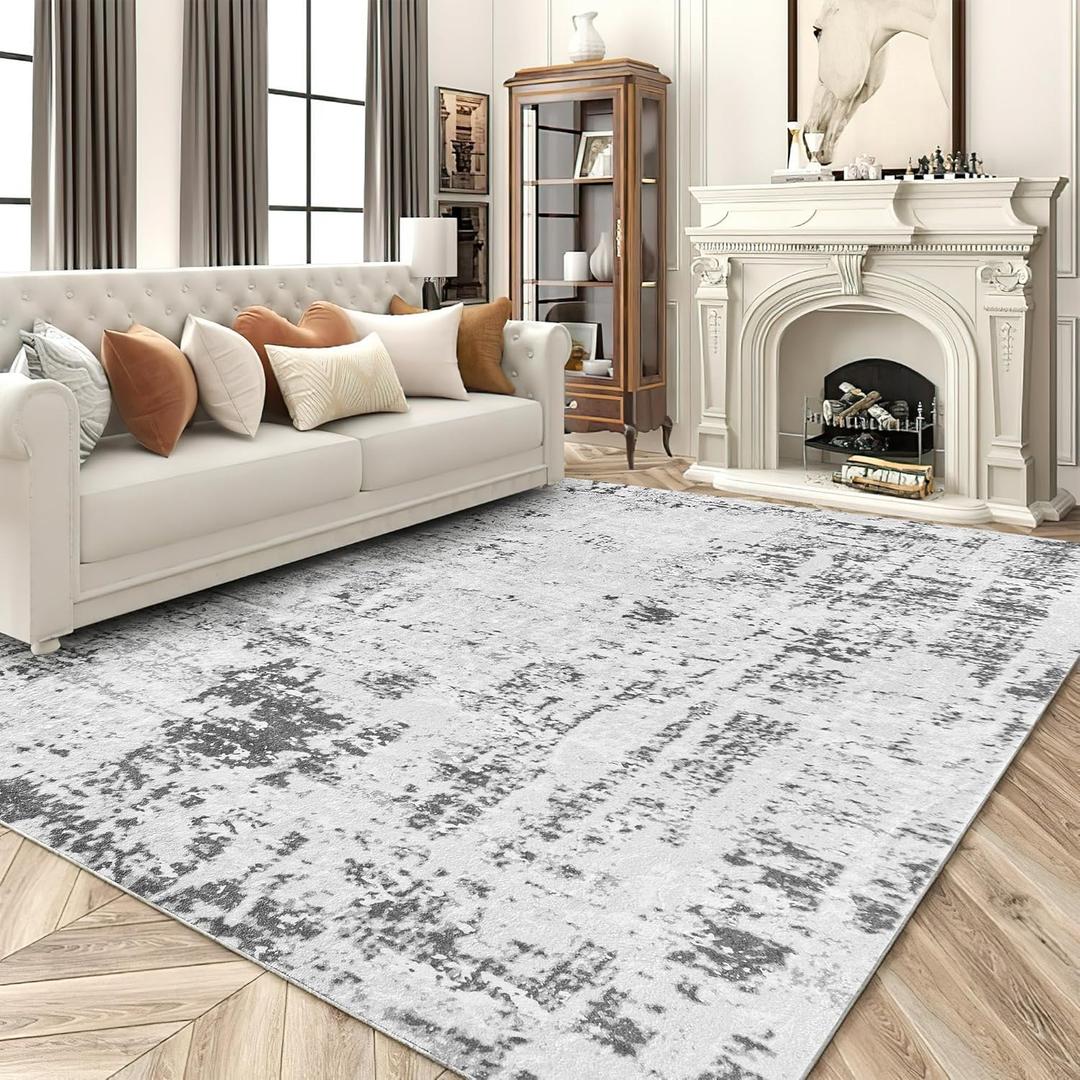 RYB HOME Washable Living Room Rug, 6x9 Area Rug for Bedroom, Ultra Soft Faux Wool Non Slip Modern Abstract Farmhouse Floor Carpet for Dining Home Office Nursery Playroom, 6x9 ft, Grey