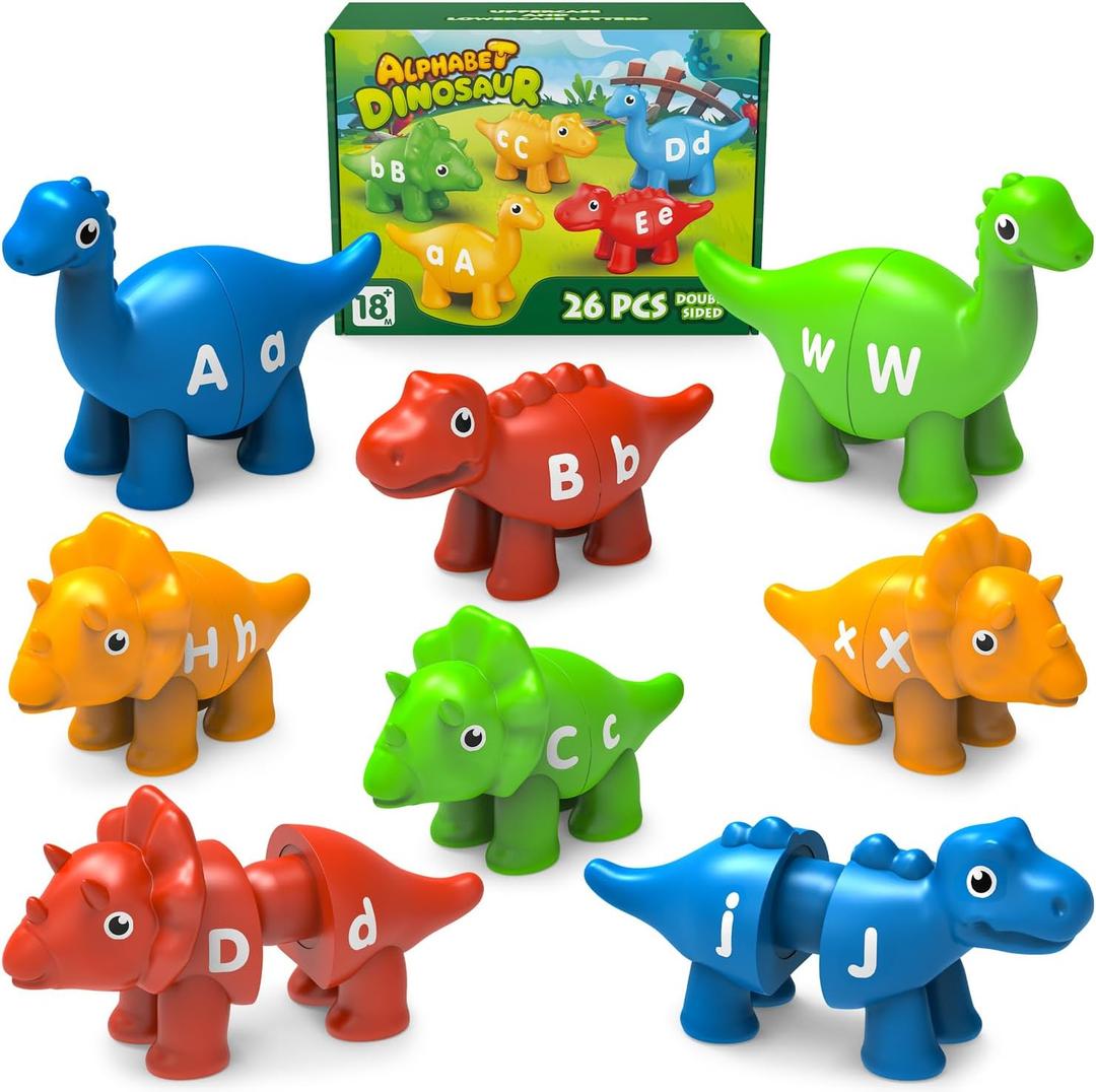 26PCS Dinosaur Alphabet Learning Toys for 18M+, Montessori Educational Toys for 3 4 5 Year Old, Toddlers Preschool Activities Fine Motor Toys for Boys, Double Sided ABC Matching Game
