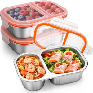 Palksky Lunch Containers Meal Prep Containers Stainless Steel, 2 Compartment Food Storage Containers with Leak-Proof Lids, Reusable Airtight Bento lunch Boxes, Kitchen Storage, Freezer (3 Packs)