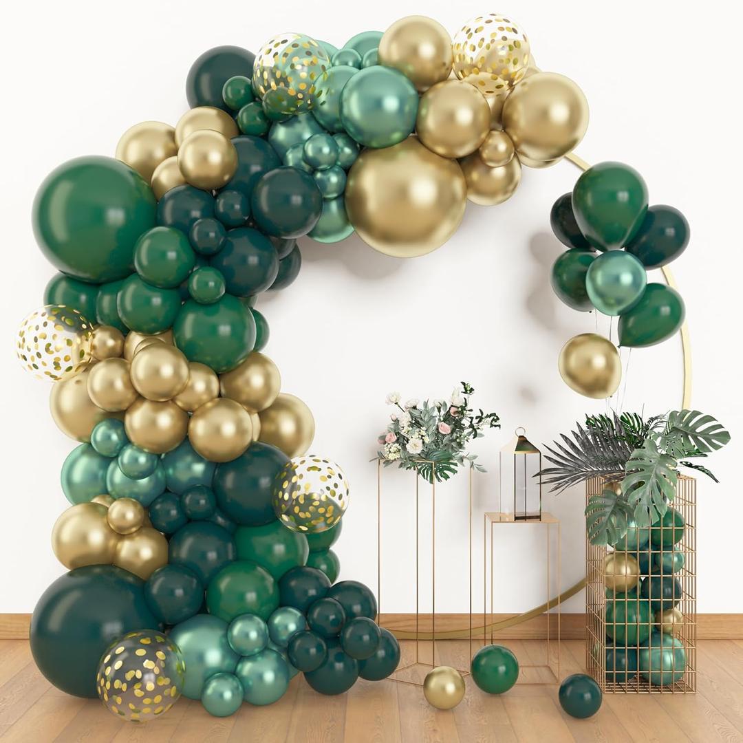 Amandir 153 Pcs Green and Gold Balloon Garland Arch Kit, Different Sizes 18 12 10 5 Inch Green Latex Metallic Confetti Balloons for Graduation Birthday Anniversary Safari Party Decoration Supplies