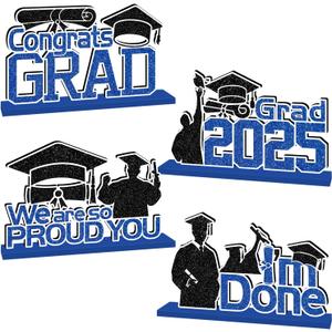 4Pcs Blue and Black Graduation Decorations 2025 Congrats Grad Wooden Table Centerpieces for Graduation Party Decorations