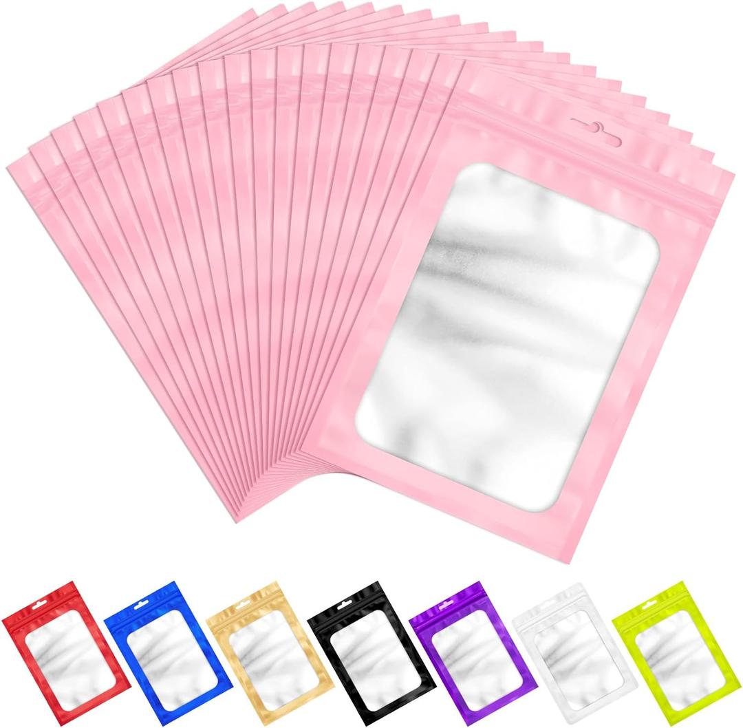 100 PCS Pink Resealable Mylar Bags with Zipper and Frosted Clear Window Packaging Bags Foil Pouch Zipper Bag for Food Self Sealing Storage Supplies 3.54x6.29