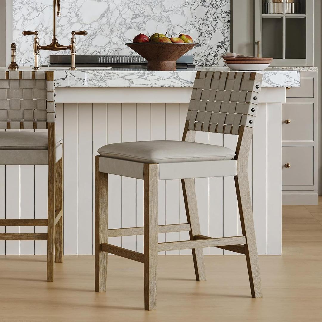 Nathan James Cohen Coastal Bar Stool, Wood Counter Height Leather Bar Stool with Back for Kitchen Island, Gray Mahogany