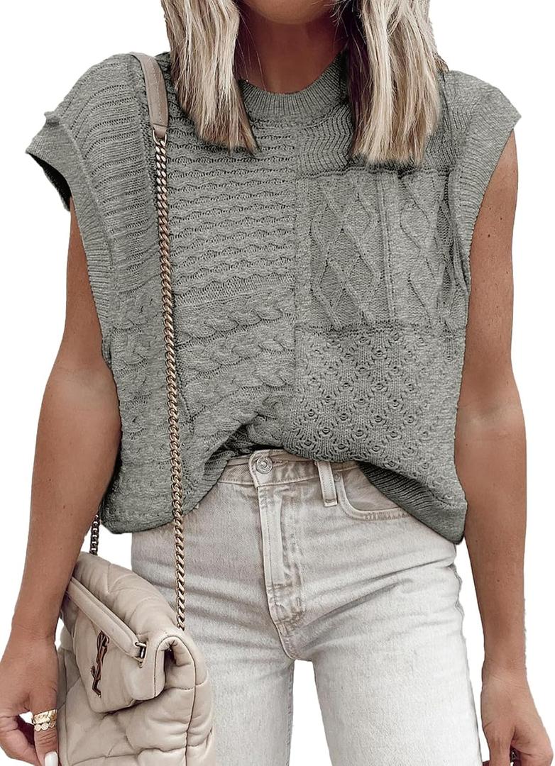 EVALESS Womens Short Sleeve Sweater Summer Fall 2025 Round Neck Crochet Pullover Cap Sleeve Knit Oversized Sweater Vest Tops (L)