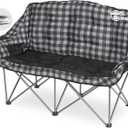 Padded Double Camping Chair Folding Loveseat 2 Person Camp Chair Heavy Duty Lawn Chairs Camping Couch Outdoor Sofa (Single Pack, Gray Plaid Thickened Pad)