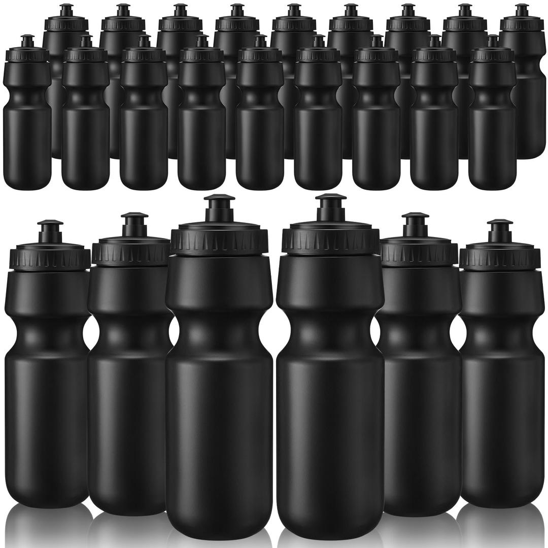 Nitial 24 Pcs Sports Water Bottles Bulk 22 oz Reusable Sports Squeeze Water Bottles Blank Plastic Easy to Open with Pull Cap for Bike Cages for Gym Fitness Dishwasher Safe (Black)